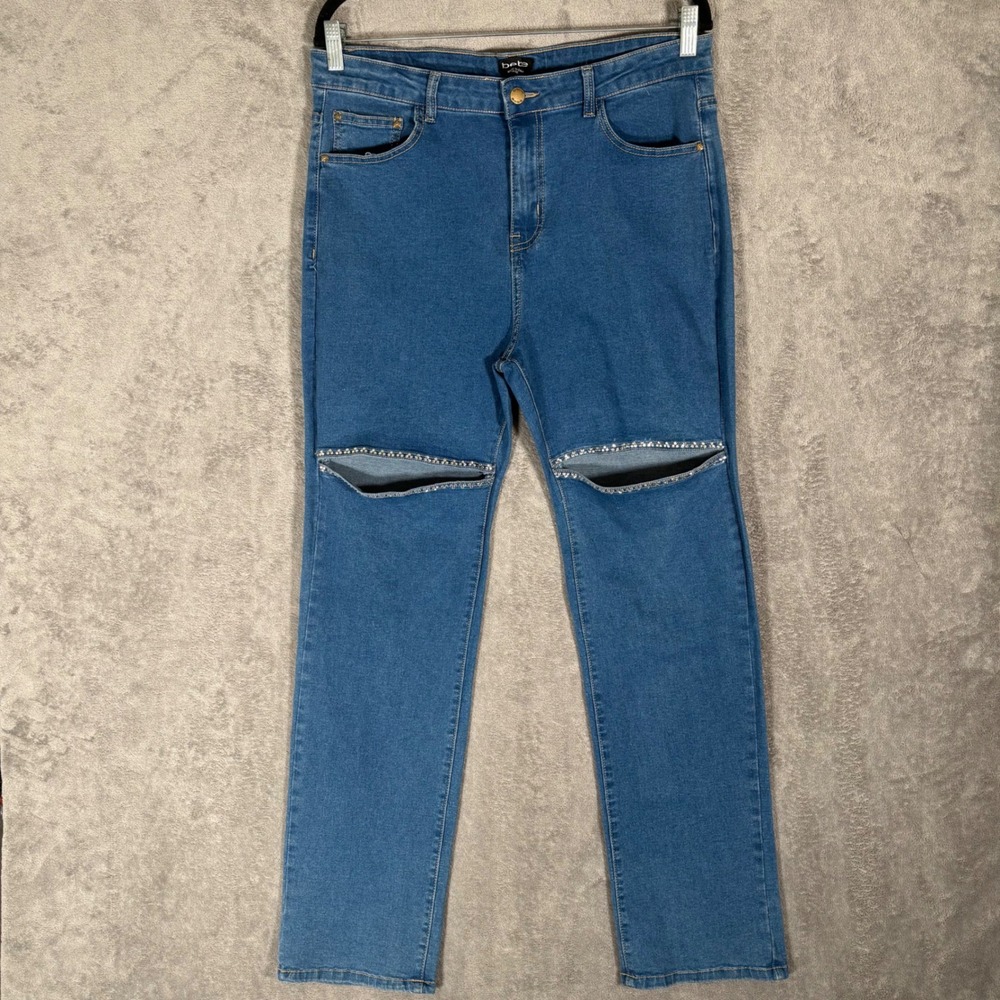 bebe Womens Blue High Rise Rhinestone Embellished Knee Slit Straight Jeans 14/32